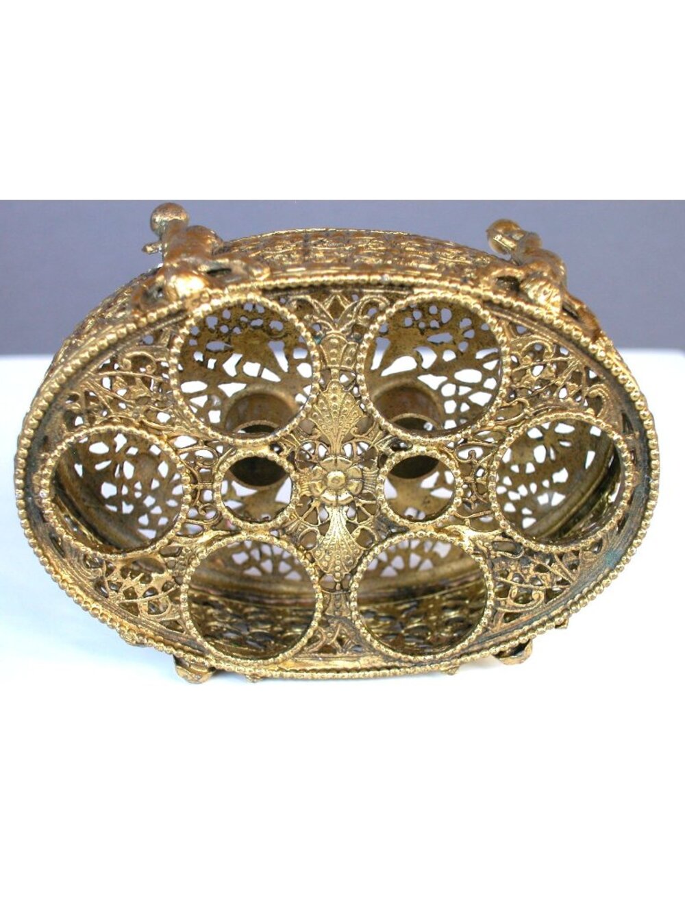 vintage Hollywood Regency gold-tone filigree vanity organizer f